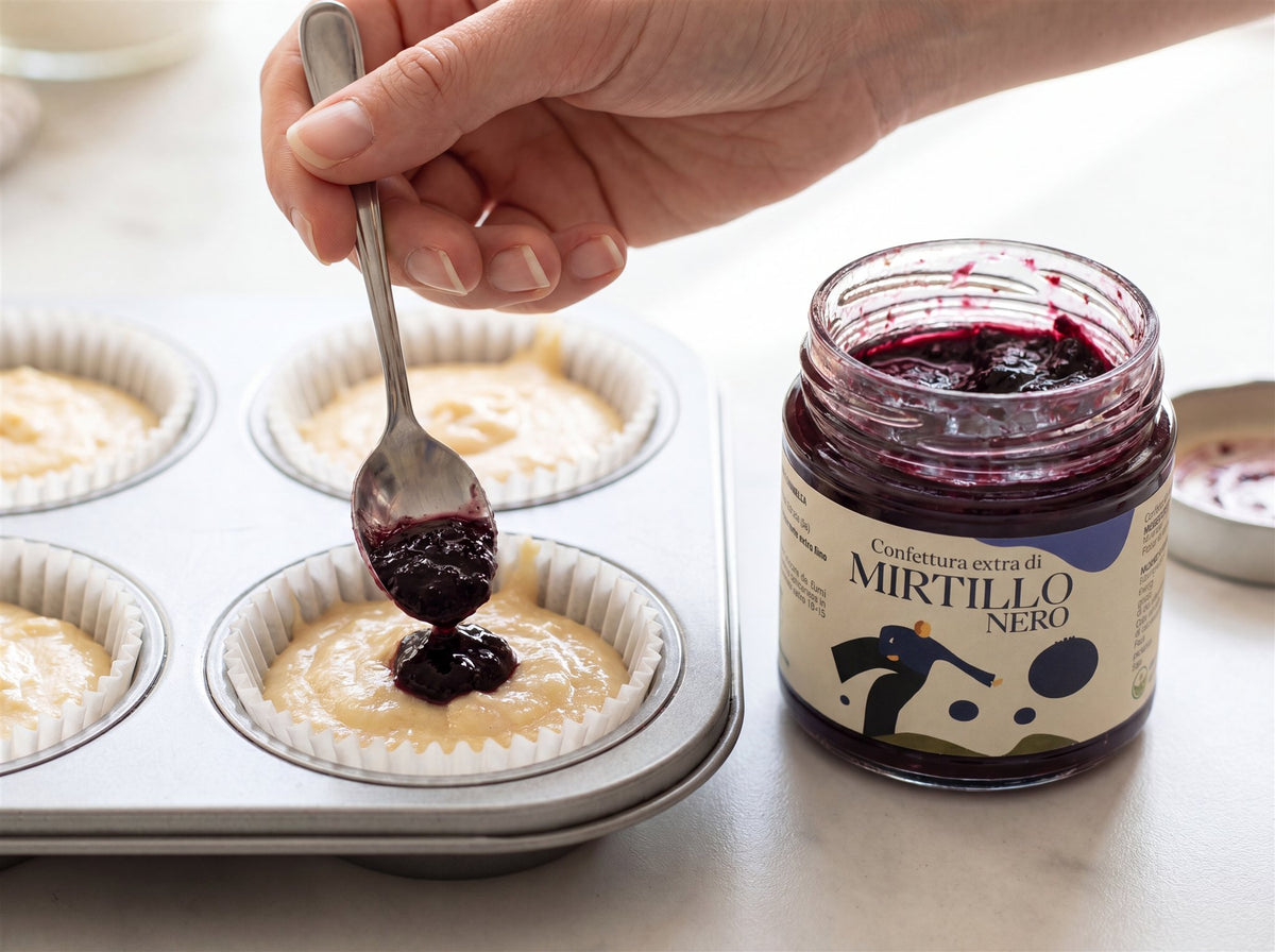 Cucchiaino che inserisce la confettura di mirtillo nero al centro dell'impasto nei pirottini