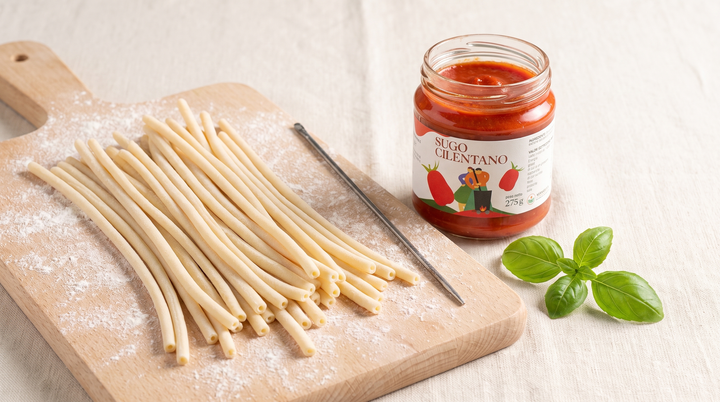 Fusilli cilentani al ferretto con vasetto di sugo cilentano Minnelea