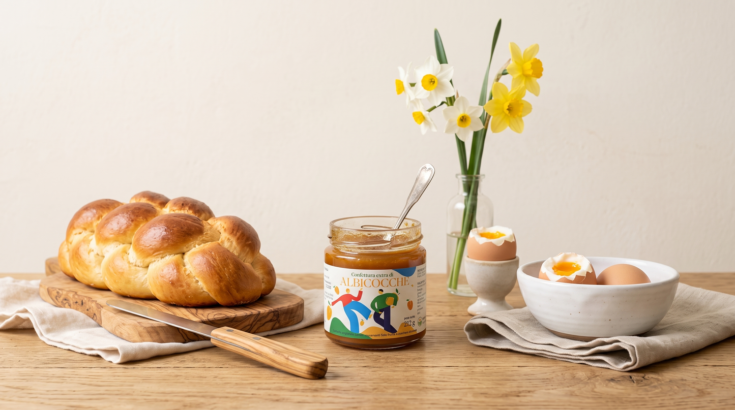 Tavola del brunch con confettura extra di albicocche Minnelea, treccia dolce e uova