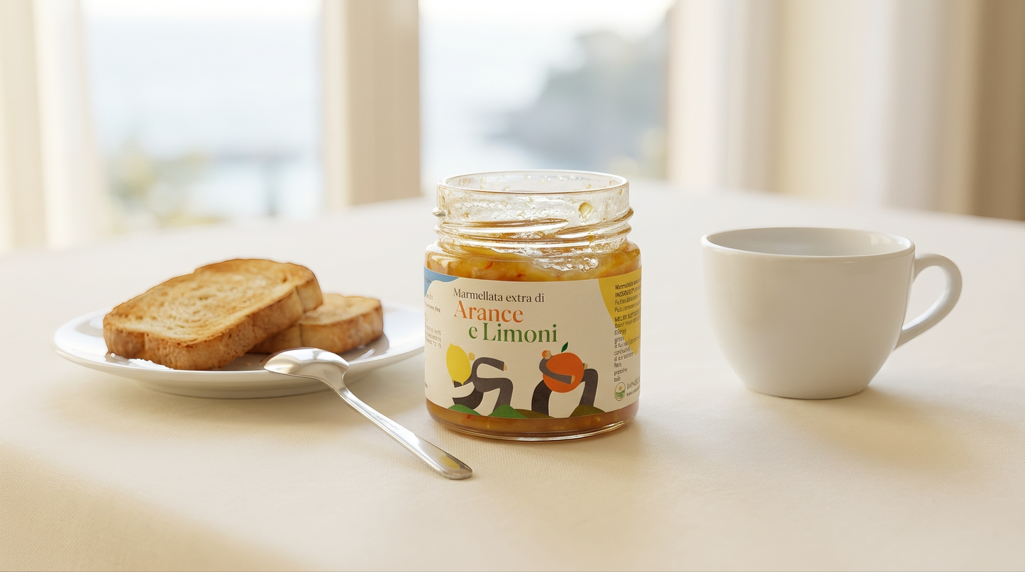 Marmellata extra di arance e limoni Minnelea a colazione con pane tostato e caffe