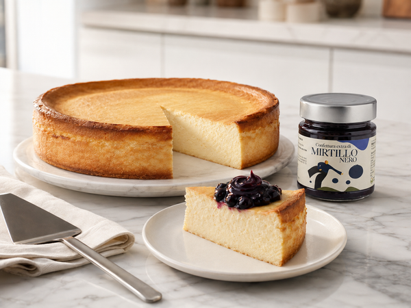 Käsekuchen ohne Boden mit Heidelbeerkonfitüre