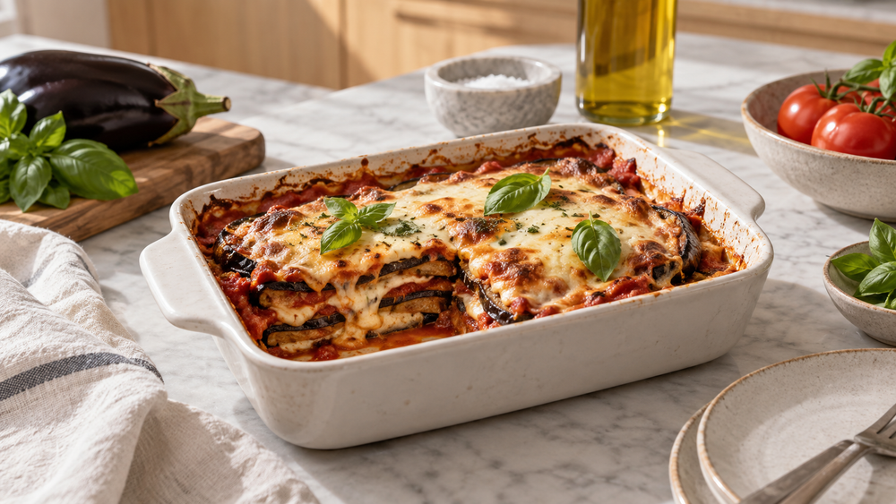 Non-fried eggplant parmigiana with ready-made Sugo