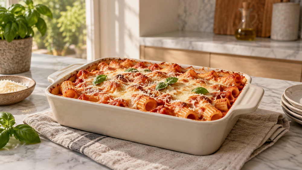 Baked pasta with tomato and mozzarella, without bechamel