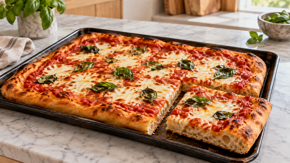 Homemade sheet-pan pizza with Sugo and mozzarella