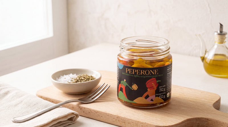 Vasetto Ergo aperto di peperoni sott'olio Minnelea su tagliere di legno chiaro