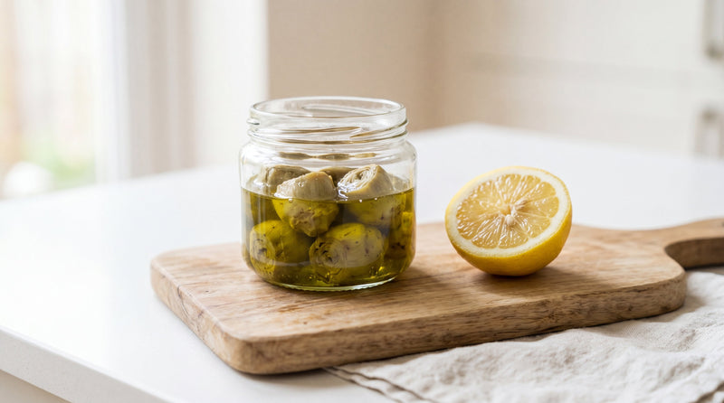 Vasetto aperto di carciofini sott'olio su tagliere di legno chiaro con limone