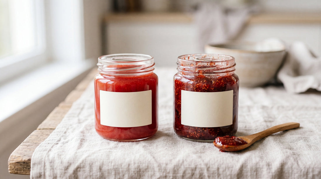Due vasetti affiancati: uno marmellata industriale liscia, l'altro artigianale densa con pezzi di frutta