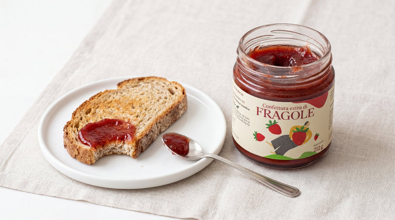 Vasetto di confettura con simbolo spiga sbarrata gluten free e fetta di pane senza glutine