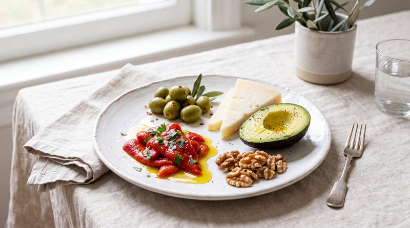 Piatto keto con sottoli, formaggio grasso, avocado, noci