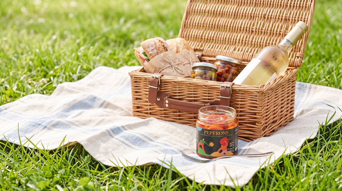 Coperta picnic primaverile su prato con cestino, sottoli, panini gourmet e vino