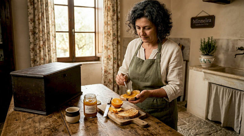 In einer gemütlichen sizilianischen Küche kocht eine Frau frische Orangenmarmelade ein.