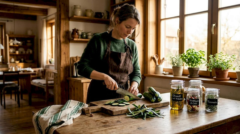In der lichtdurchfluteten Wohnküche schneidet eine Frau frische Zucchini.