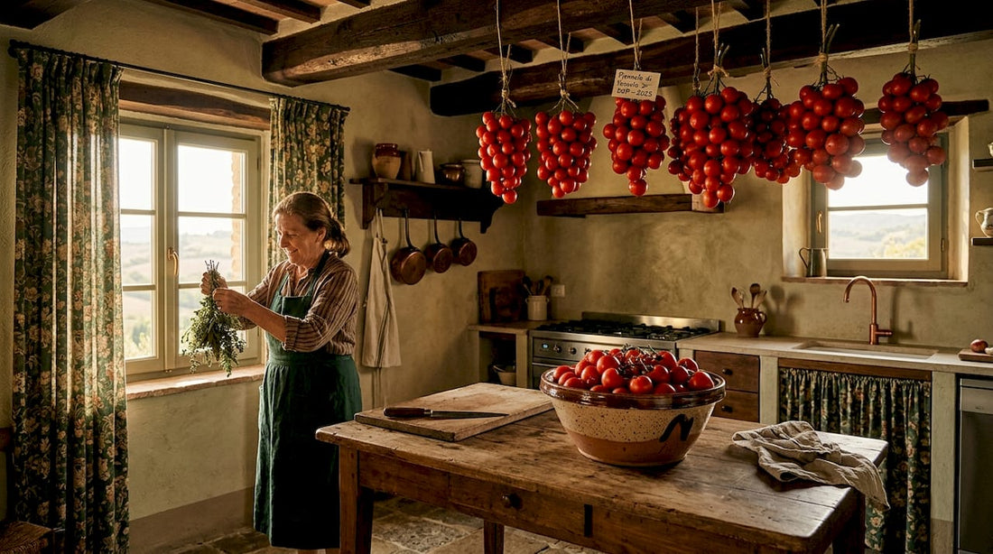 Traditionelles Kochen mit hängenden Piennolo-Tomaten