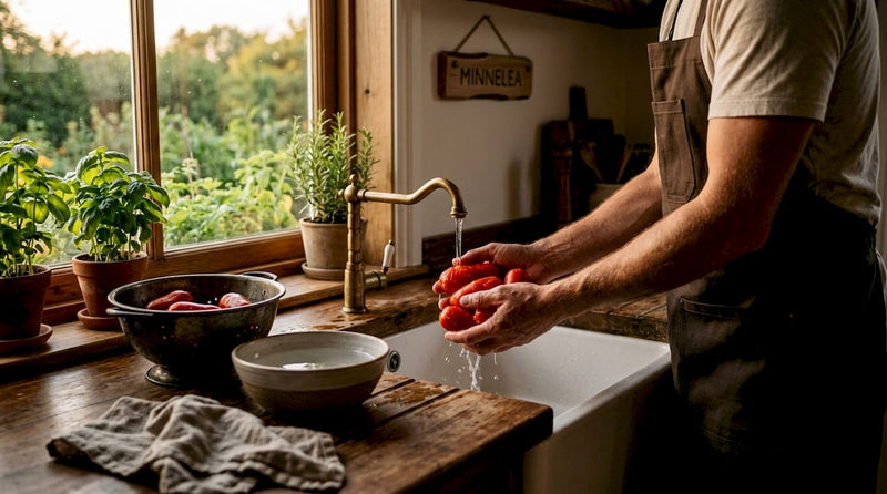 In der Küche werden frische San-Marzano-Tomaten sorgfältig von Hand gewaschen.