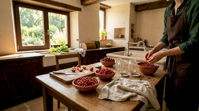 Frisches, saisonales Obst wird gerade im Spülbecken gewaschen.