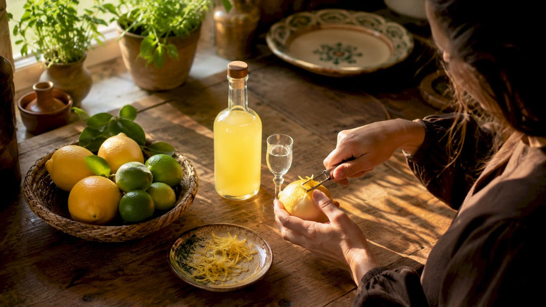 Eine Flasche Limoncello, dazu frische Zitronen und Limetten – perfekt für einen erfrischenden Genuss.
