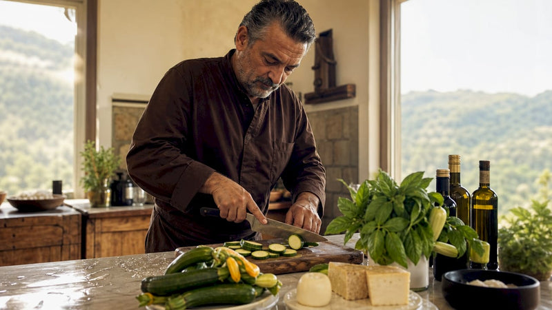 Ein Koch bereitet frische Zutaten aus der Cilento-Region für traditionelle Gerichte vor.