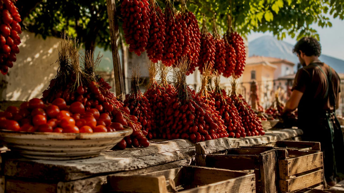 Frisch geerntete Pomodorino del Piennolo-Tomaten vom Markt am Vesuv
