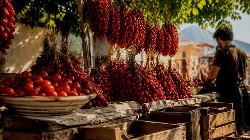 Frisch geerntete Pomodorino del Piennolo-Tomaten vom Markt am Vesuv