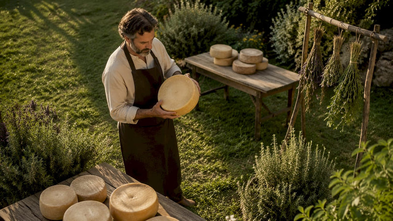 Ein Käseexperte bei der Herstellung des Pecorino del Cilento in der traditionellen Käserei.