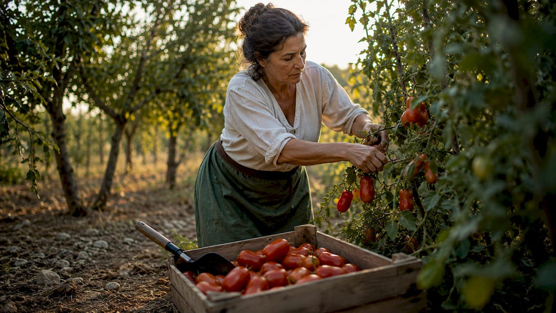 Italienische Bäuerin bei der Arbeit in ihrem Tomatengarten, umgeben von reifen San-Marzano-Tomaten