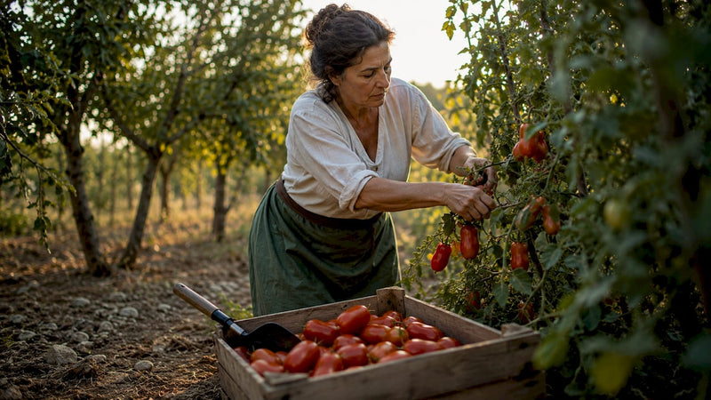 Italienische Bäuerin bei der Arbeit in ihrem Tomatengarten, umgeben von reifen San-Marzano-Tomaten
