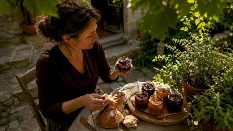 Eine Frau probiert am Küchentisch italienische Marmelade.
