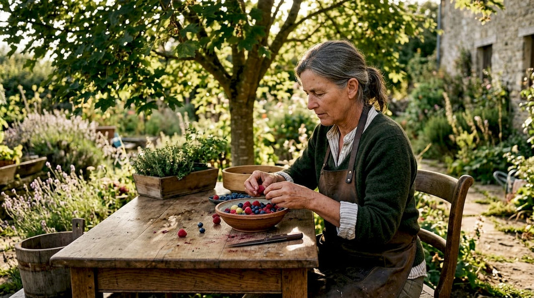 Eine Frau liest frische Beeren aus, um daraus Marmelade zu kochen.