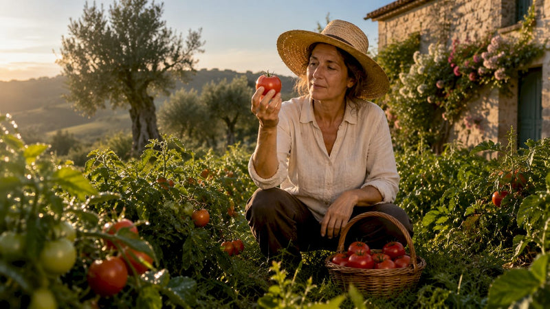 Bäuerin bei der Tomatenernte in Süditalien
