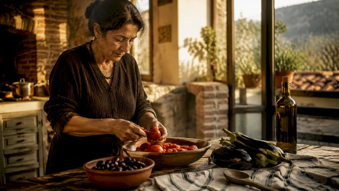 In einer gemütlichen Landhausküche schält eine Frau frische Tomaten.