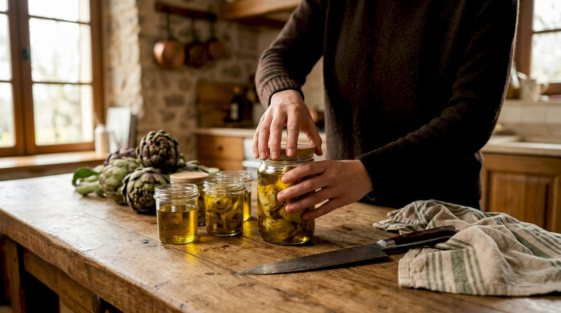 Ein paar Gläser mit eingelegten Artischocken stehen auf einem alten Holz­tisch – das perfekte Bild für mediterrane Genussmomente.