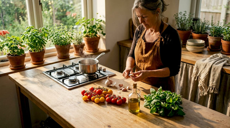 Eine Frau bereitet in ihrer Küche eine mediterrane Pastasoße zu.