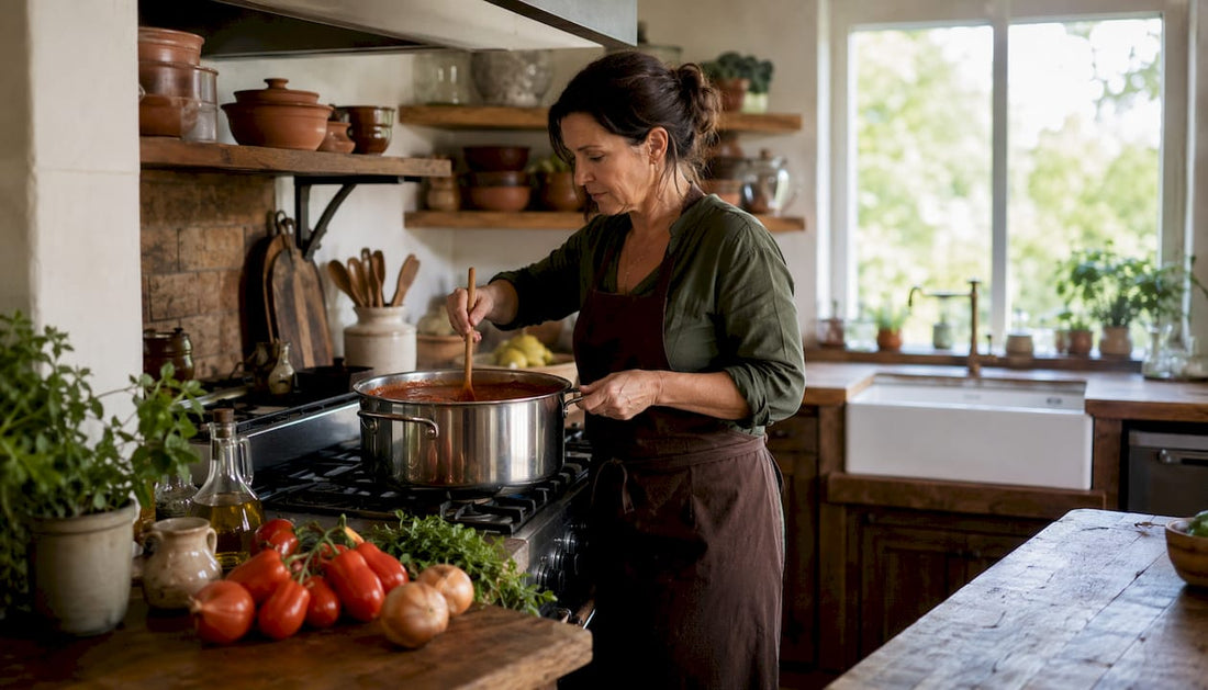 In einer gemütlichen Landhausküche bereitet eine Frau eine klassische Tomatensauce nach traditionellem Rezept zu.