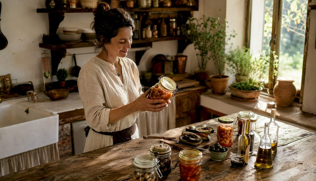 Eine italienische Köchin, die mit fermentierten Zutaten in einer gemütlichen Landhausküche zaubert.