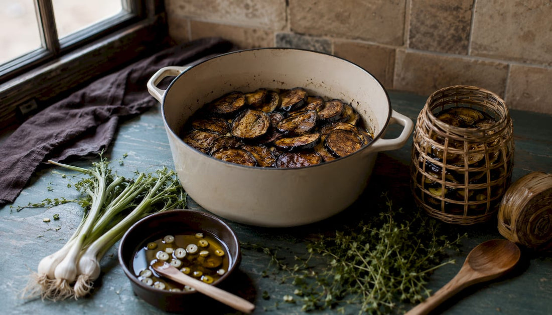 Auberginen in Olivenöl eingelegt, verfeinert mit Knoblauch