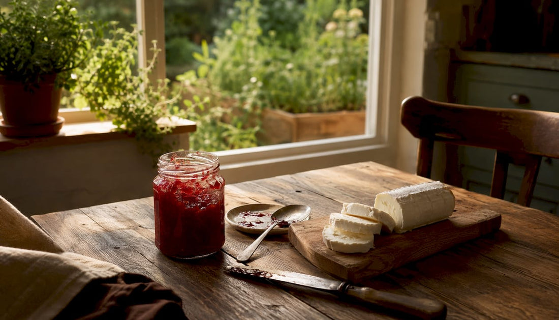 Ziegenkäse mit Himbeermarmelade auf einem rustikalen Holztisch angerichtet