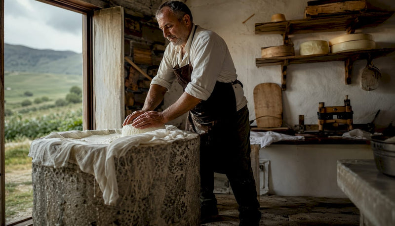 Ein Käsemeister stellt Ricotta Salata in traditioneller Handarbeit her und presst den Käse sorgfältig.