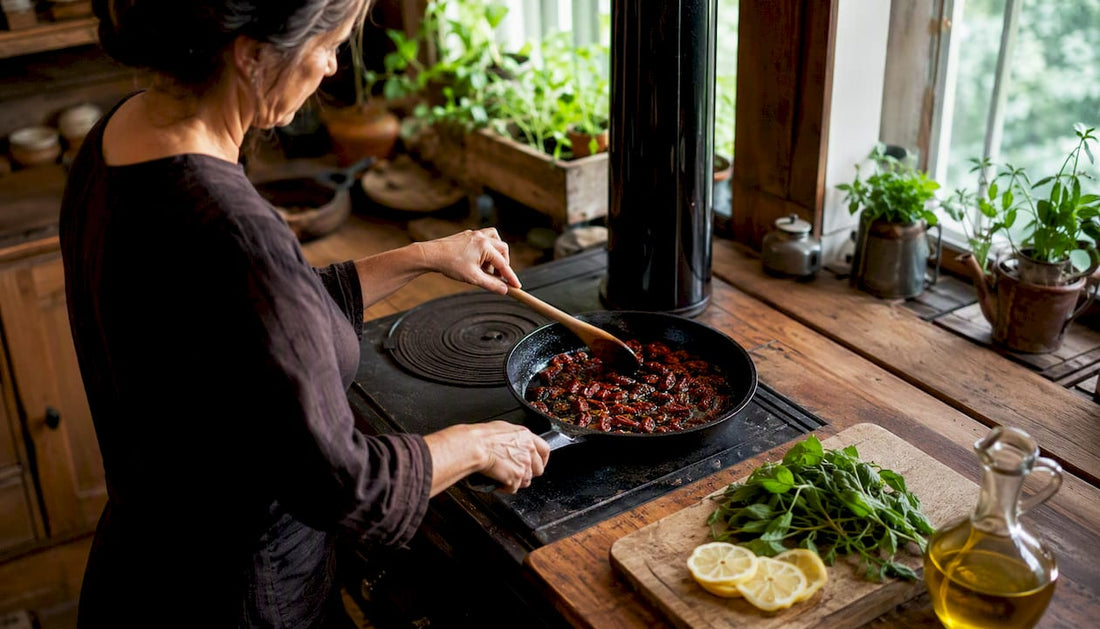 In ihrer eigenen Küche zaubert eine Frau aromatische, selbstgemachte getrocknete Tomaten.