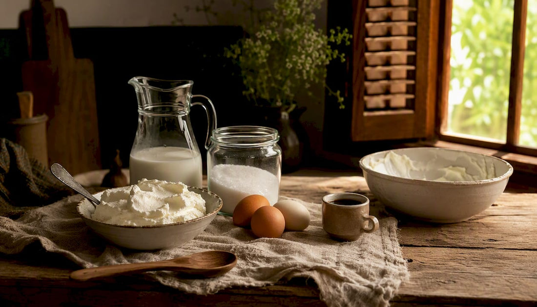 Alle Zutaten für die Mascarpone-Mousse stehen bereit auf der Küchenarbeitsplatte.
