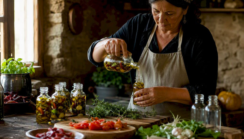 In einer gemütlichen Landhausküche werden mit viel Liebe Gläser mit Antipasti gefüllt.