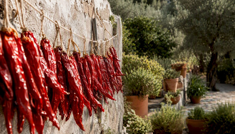 Leuchtend rote Peperoncini aus Kalabrien hängen zum Trocknen an langen Schnüren.