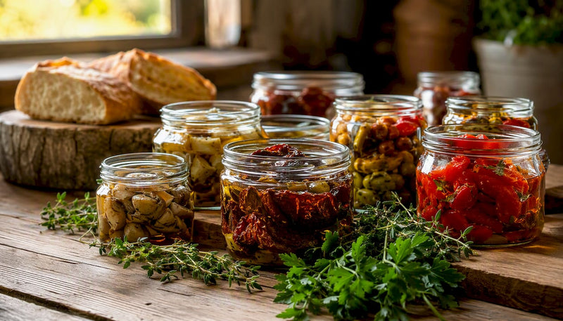 Auf einem rustikalen Holztisch stehen mehrere Glasbehälter, gefüllt mit italienischen Antipasti in hochwertigem Olivenöl – ein echter Genuss für Liebhaber mediterraner Spezialitäten.