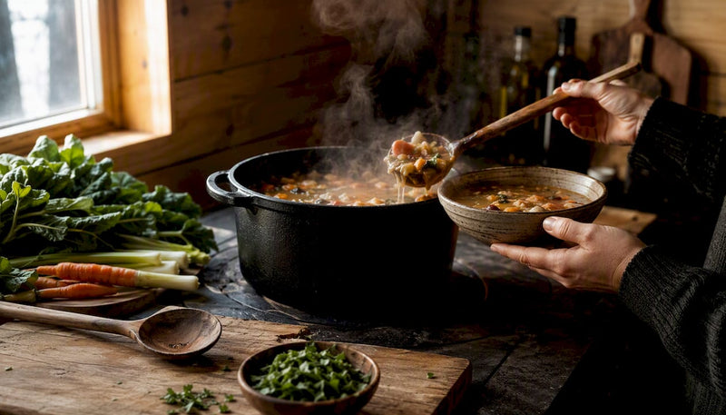 Mit einer Kelle schöpft jemand eine italienische Suppe in einer gemütlichen Landhausküche.