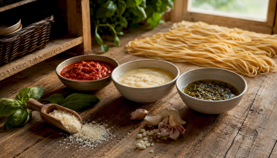 Vielfältige, farbenfrohe italienische Pastasoßen und frische Pasta – ein Genuss für alle Sinne.