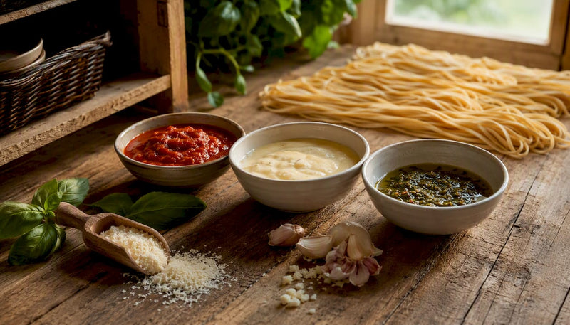 Vielfältige, farbenfrohe italienische Pastasoßen und frische Pasta – ein Genuss für alle Sinne.