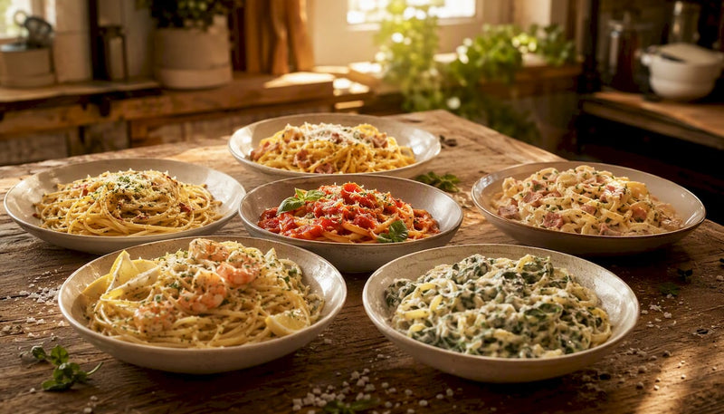Sechs abwechslungsreiche Pasta-Kreationen, frisch zubereitet und bunt angerichtet, serviert auf einem rustikalen Holztisch.