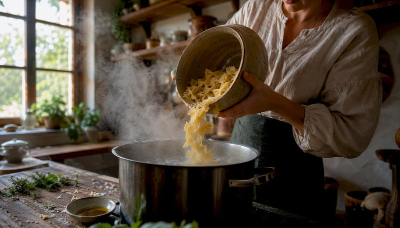 Farfalle werden ins sprudelnd kochende Wasser gegeben.