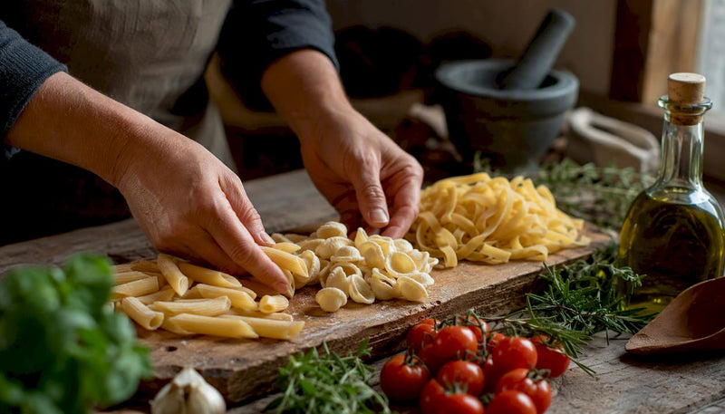 Mit viel Liebe werden verschiedene Pastasorten zusammen mit frischen Zutaten von Hand arrangiert.
