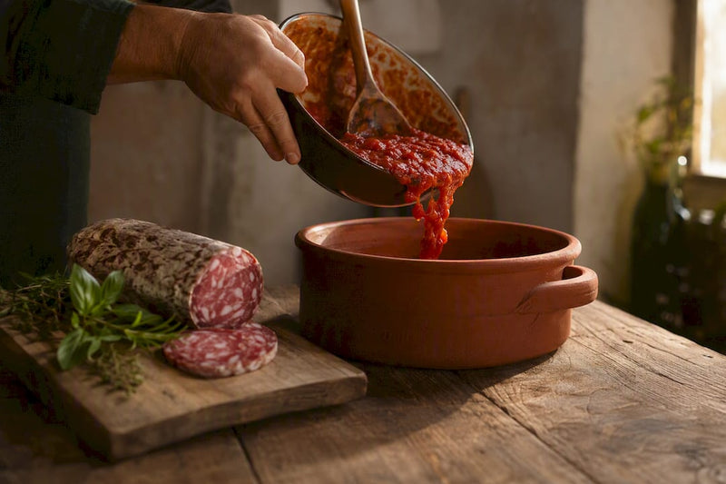 In einer gemütlichen Landhausküche wird eine selbstgemachte Tomatensoße von Hand umgerührt.