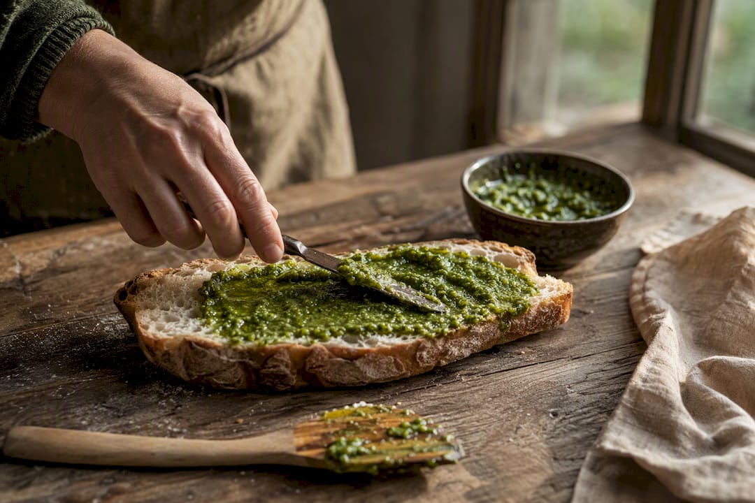 Hand streicht Pesto auf rustikales Brot